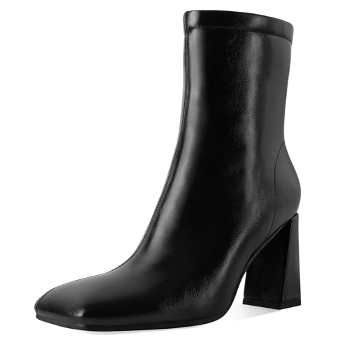 Soireelady Womens Ankle Boots Chunky Heel Boots Square Toe Short Booties High Heeled Gogo Boots Fashion Fall Bootie Shoes 3.5 Inch