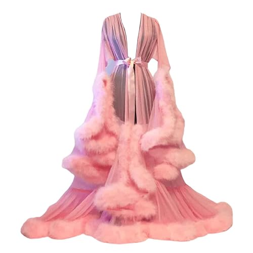 MIAOXIAO Women See-Through Sexy Feather Robe Mesh Sheer Lace Nightwear Kimono Dressing Gown Tulle Flare Long Sleeve Lingerie Sleepwear,1,One size