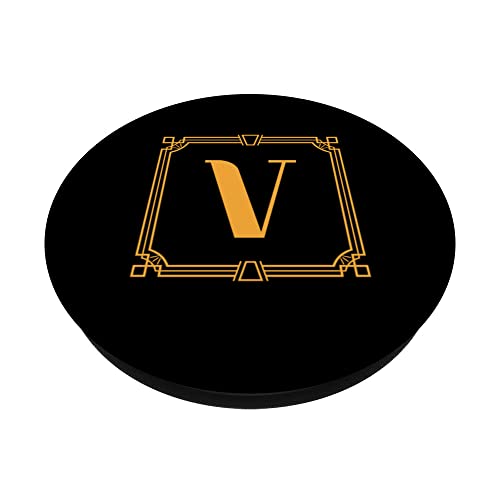 Letter V Monogram Alphabet V Initial Geometric Art Deco PopSockets Swappable PopGrip, Black - Image 2
