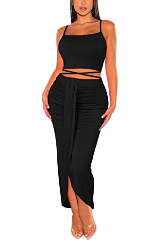 HUUSA Women's Sexy 2 Piece Skirt Sets Elegant Bodycon Maxi Dress Sleeveless Tank Shirt Tops High Waist Ruched Slit Long Dress3