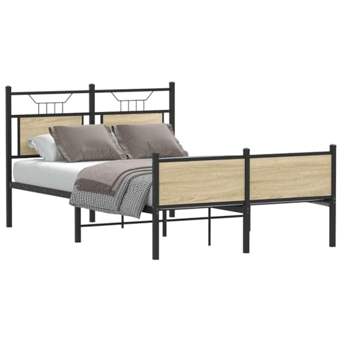 QZZCED Estructura de Cama Sonoma de Madera Roble 120x190 cm con Cabecero y Somier de Láminas, Base Metálica Estable y Espacio de Almacenamiento, Diseño Moderno y Funcional