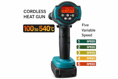 Image of KAITO Cordless Heat Gun 48V Li-ion 5.0Ah Battery | Digital Display | 3 Nozzle Attachments | Portable Hot Air Gun for Paint Removal, PVC Shrink, Craft & Mobile Repair | Overheat Protection
