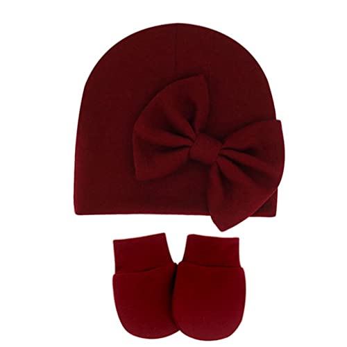 FASUND Newborn Baby Girl Hats Mittens Sets Infant Caps Bow Beanie Hat No Scratch Mittens for 0-6 Months Wine red