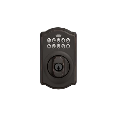Image of Schlage Camelot Electronic Keypad Deadbolt Lock, Keyless Front Door Entry, Mechanical Key Backup Included, Aged Bronze, BE365 V CAM 716