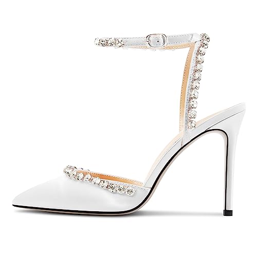 Castamere Womens Stiletto High Heel Pointed Toe Ankle Strap Rhinestone Crystal Pumps Prom Satin 3.9 Inches Heels2