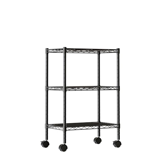 DUMOS Industrial 3 Level Grid Storage Rack ，Mobile Metallic Shelving System with Lockable Wheels， Multi-Purpose Cabinet for Workshop, Culinary Space, Storeroom, Washroom & Restroom Black