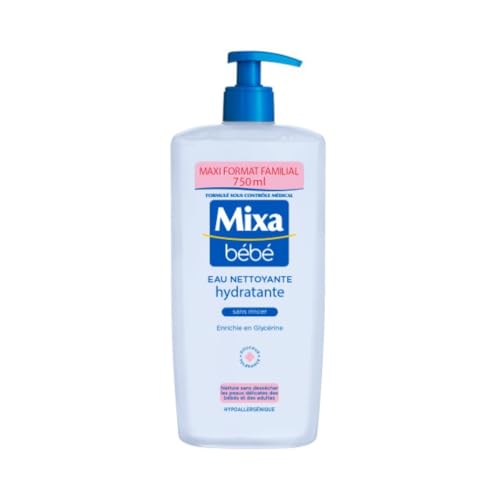 Mixa Bébé - Eau nettoyante hydratante - Hypoallergénique - Format Familial 750ml - Glycérine - Sans rinçage - Toilette du bébé