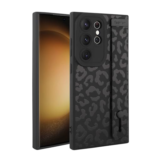Image of Compatible with Samsung Galaxy S23 Ultra Case with Strap Wrist Black | Cheetah Print Shockproof Soft TPU Protective Cover for Women Girls, Slim Anti Scratch Case 6.8 Inch, Black
