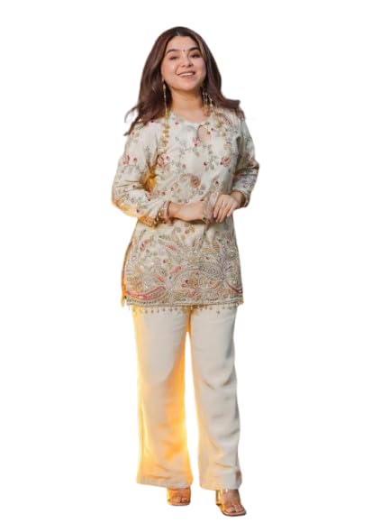 Women Off-White Embroidered French Co-Ord Set | Elegant Kurta Pant Set with 3/4 Sleeve | Festive & Occasion Wear Outfit-picture-35