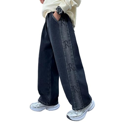 Boys Fleece Lined Jeans Kids Baggy Wide Leg Jeans Elastic Waist Denim Pants with Pockets Fall Winter 3-12 Years