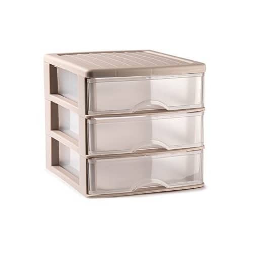 CABLEPELADO Torre de almacenamiento con 3 cajones sobremesa, Organizador de escritorio, Caja de almacenamiento de escritorio,18 cm alto x 17.7 cm ancho x 21.5 cm fondo, Beige y cajones transparentes