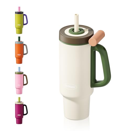 Sidagar Tumbler with Handle,36 oz Ceramic Lined Travel Mug Water Bottle with Straw,Vacuum Insulated Stainless Steel Cup with Lid,Fits Cup Holder, Leak Resistant Press-in Lid,White