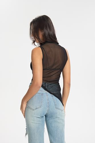 QJQ Women's Sheer Mesh Tank Tops Mock Neck Sleeveless Asymmetrical Hem Crop Top See Through Shirts2