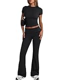 Trendy Queen Lounge Sets For Women 2 Piece Casual Y2K Outfits Short Sleeve Cropped Tops Fold Over Flare Pants Tracksuits