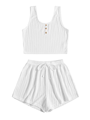 Image of SOLY HUX Women's Button Front Ribbed Knit Tank Top and Shorts Pajama Set Sleepwear Lounge Sets