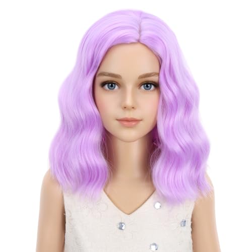 Image of PATTNIUM Kids Short Purple Pink Wig Girls Lavender Purple Curly Wavy Wig Short Synthetic Hair Wigs