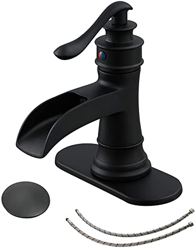 BWE Matte Black Waterfall Bathroom Faucet, Solid Brass, 1.2 GPM