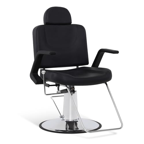 Sillón de barbero BarberPub con reposacabezas, sillones de barbero con Bomba hidráulica giratoria 360°, sillón de barbero Regulable en Altura, sillón de barbero PVC imitación Cuero, 8817 (Negro)