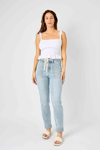 Judy Blue Women's High Waist Light Blue Wash Denim Joggers - Double Cuff with Drawstring, Comfort Stretch 88691-3