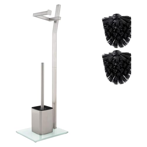 WC Garnitur - Mattes Chrom - 22 x 18 x 70 cm - Inkl. Toilettenpapierhalter Und Toilettenbürste - Rostfreier Edelstahl - Standfuß Aus Glas Mit Klobürste - Plus: 1 und 2 Klobürstenköpfe Zum Austauschen