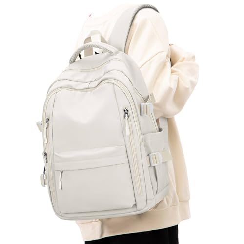Schulrucksack Mädchen Schulranzen Teenager Jungen Wasserdicht Laptop Rucksack Schule 14 Zoll Lässig Daypack Backpack für Damen Herren Beige