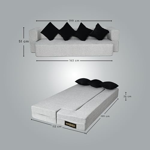 Image of Seventh Heaven 4 Seater Sofa Bed 78x44x10 inch Jute Fabric with 4 Cushions 4 Seater Double Foam Fold Out Sofa Cum Bed (Finish Color - White. Delivery Condition - Pre-Assembled)