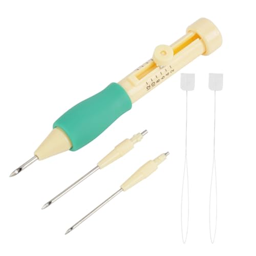 Embroidery Pen Punch Needles,Adjustable Needle Length Embroidery Needle Punch with 3 Sizes Needle Pen Kit Tool, for DIY Craft(Yellow+Green)