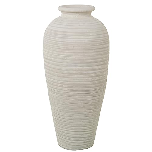 DRW Jarron de Suelo de Ceramica Ondulado en Blanco Mate 28x28x60 cm