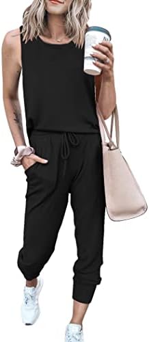 PRETTYGARDEN Women's Two Piece Outfit Sleeveless Crewneck Tops with Sweatpants Active Tracksuit Lounge Wear (Black,Medium)