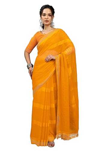 Image of MIRCHI FASHION Saree for Woman Georgette Solid with Satin Stripes | Stone Border Farewell and Ceremonial Sari with Blouse Piece