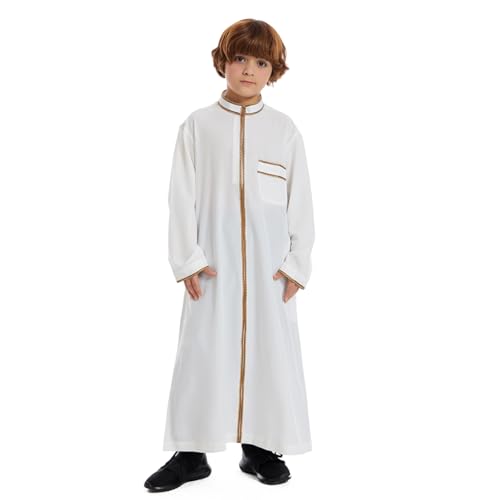 IDOPIP Muslim Thobe Islamic Robe for Boys Kids Long Sleeve Arabic Kaftan Abaya Ramadan Dubai Embroidered Thobe Prayer Clothes
