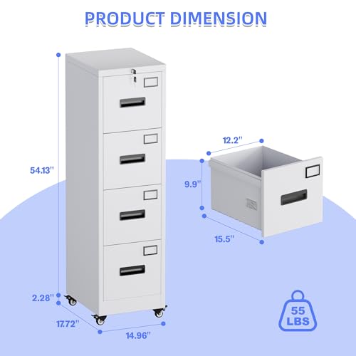 Image of Aobabo 4 Drawer File Cabinet with Lock and Wheels, Metal Vertical Filing Cabinet with Anti-Tilt Interlock System for Home Office, Fits Letter /Legal Size, White,Required Assembly