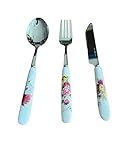 eche home set di posate in ceramica 18 pz per 6 persone cucchiaio forchetta coltello 3 fantasie elegante disegni floreali (bianco)