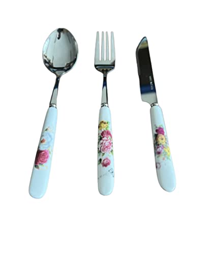 ECHE HOME SET DI POSATE IN CERAMICA 18 PZ PER 6 PERSONE CUCCHIAIO FORCHETTA COLTELLO 3 FANTASIE ELEGANTE DISEGNI FLOREALI (Bianco)