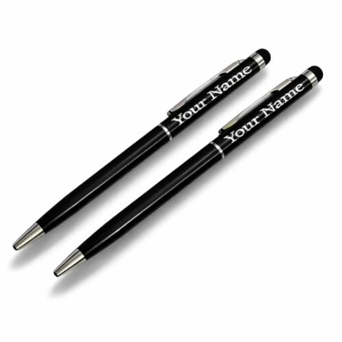 Image of VANCHER Personalised Ballpoint Pen with Stylus - Pack of 2 | Custom Engraved Metal Pens | Blue Ink | Dual Tip for Writing & Touchscreens | Elegant & Portable Gift Set