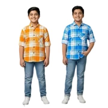 Boys Casual Combo Checkered Cotton Shirt with Buttoned Cuffs_OrngBlue_66-image-2