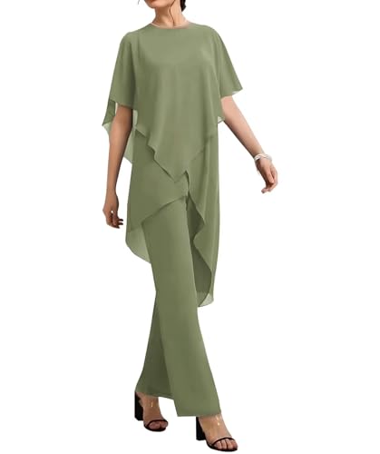 keosin 2 PC Chiffon Dusty Sage Dressy Pant Suits for Wedding Mother of The Bride Pant Suits Grandma Plus Size Pantsuits Outfit US6