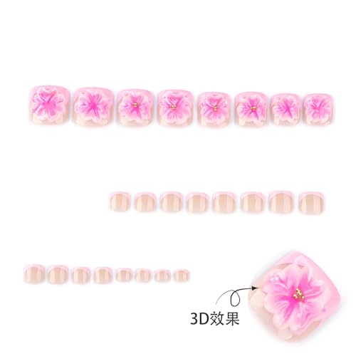 Image of Pink 3D Flower Press on Toenails Short Square Fake Toe Nails with Floral Design Glossy Full Cover Pink French Tip Stick on Toenails for Women Spring Manicure 24Pcs