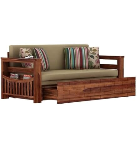 Image of MetalTree Sheesham Wood Sofa Cum Bed with Mattress - 3 Seater Wooden Sofa Bed for Living Room | Solid Wood Convertible Diwan Couch with Side Storage (Design 7)