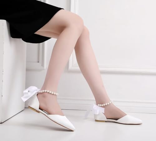 Image of Women's Bride Ballet Flats Satin Pointed Toe Pearl Ankle Strap Shoes
