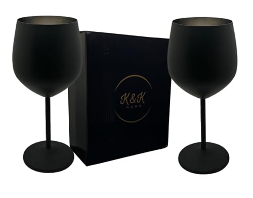 K&K Home Black Matte Stainless Steel Unbreakable Wine Glasses - 18 oz - Set of 2 Colored, Stemmed Metal Wine Glasses Perfect for Outdoors, Weddings, and Parties (Matte Black, Set of 2)
