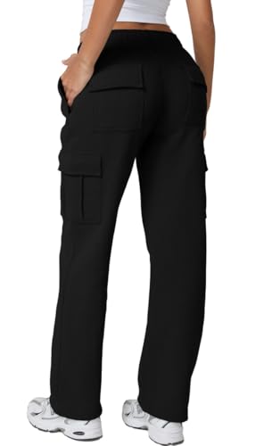 Image of QINSEN Baggy Medium Waist Elastic Sweatpants for Womens Casual Long Fleece Cargo Pants with Pockets