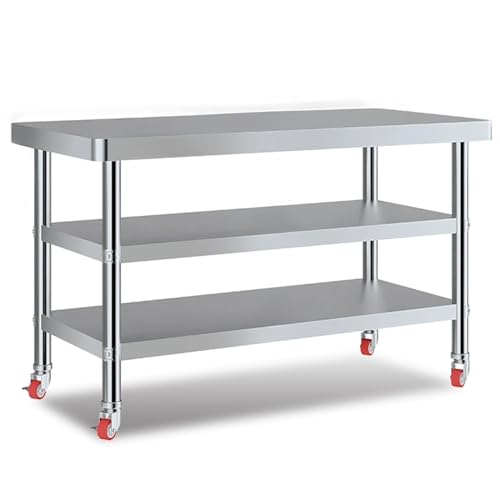 Mesa de trabajo de acero inoxidable resistente con ruedas, mesa comercial de preparación de alimentos para cocina y restaurante, ideal para cocinar, preparar alimentos y catering