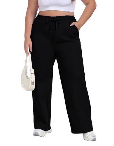 A-Wintage Women's Plus Size Wide Leg Sweatpants Elastic Waist Baggy Drawstring Lounge Pants with Pockets2