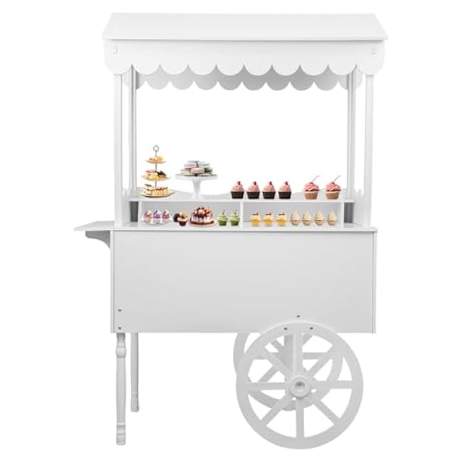White Candy Cart for Party with Wheels,Wooden Dessert Display Stand,Modern Ice Cream Cart for Wedding, Home & Commercial Decoration-y34L6zrR