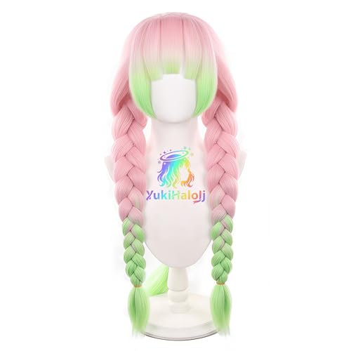 YukiHalolj Pink and Green Ombre Cosplay Wig for Women Costume with Wig Cap