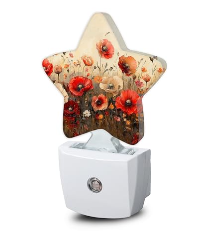 Image of Night Light,Red Poppy Flower Plug into Wall with Dusk to Dawn Light Sensors,Vintage Floral Warm Star Nightlights for Bedroom,Bathroom,Hallway,Kitchen Home Decor Desk Lamp