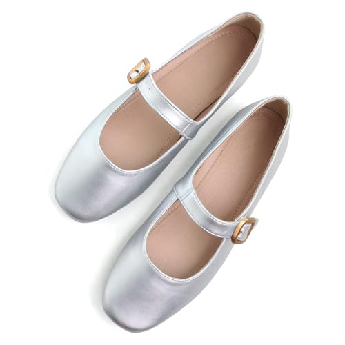 Image of TN TANGNEST Women's Mary Jane Flats Bow Ballet Shoes | Round Toe Flats with Buckle Strap Dressy Comfortable Faux Suede Flats