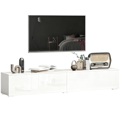 HOMCOM Mueble TV suspendido de 180 cm para televisores de hasta 75 Pulgadas, Mueble de salón Moderno con Puertas a presión y Orificios para Cables, Consola Multimedia de Pared, Blanco Brillante