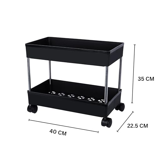 Image of AEXONIZ TOYS Plastic Kitchen Storage Trolley Rack with Wheels, Slide Out Rolling Utility Cart Storage Shelves, Space Saving Home Storage Organizer Racks (Black, 2 Layer)